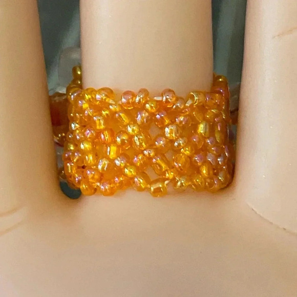 Orange Quartz Stone Handmade Seed Bead and Stone Chips Stretch Ring - Picture 2 of 3